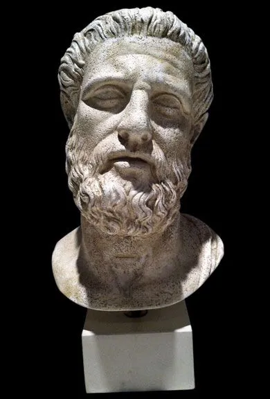 An illustration of Hippocrates, who had stuffed animal skins made for patients to throw